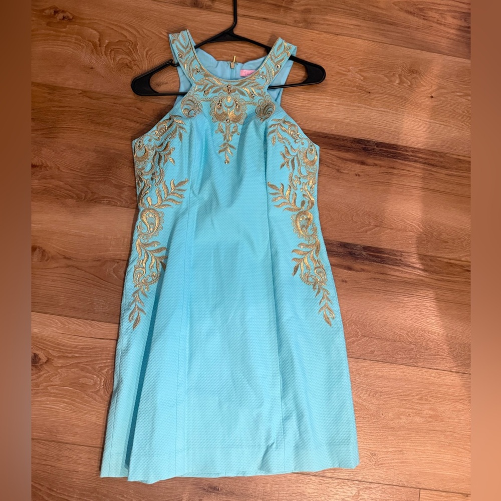 Lilly Pulitzer Aqua Dress with Gold Embroidery